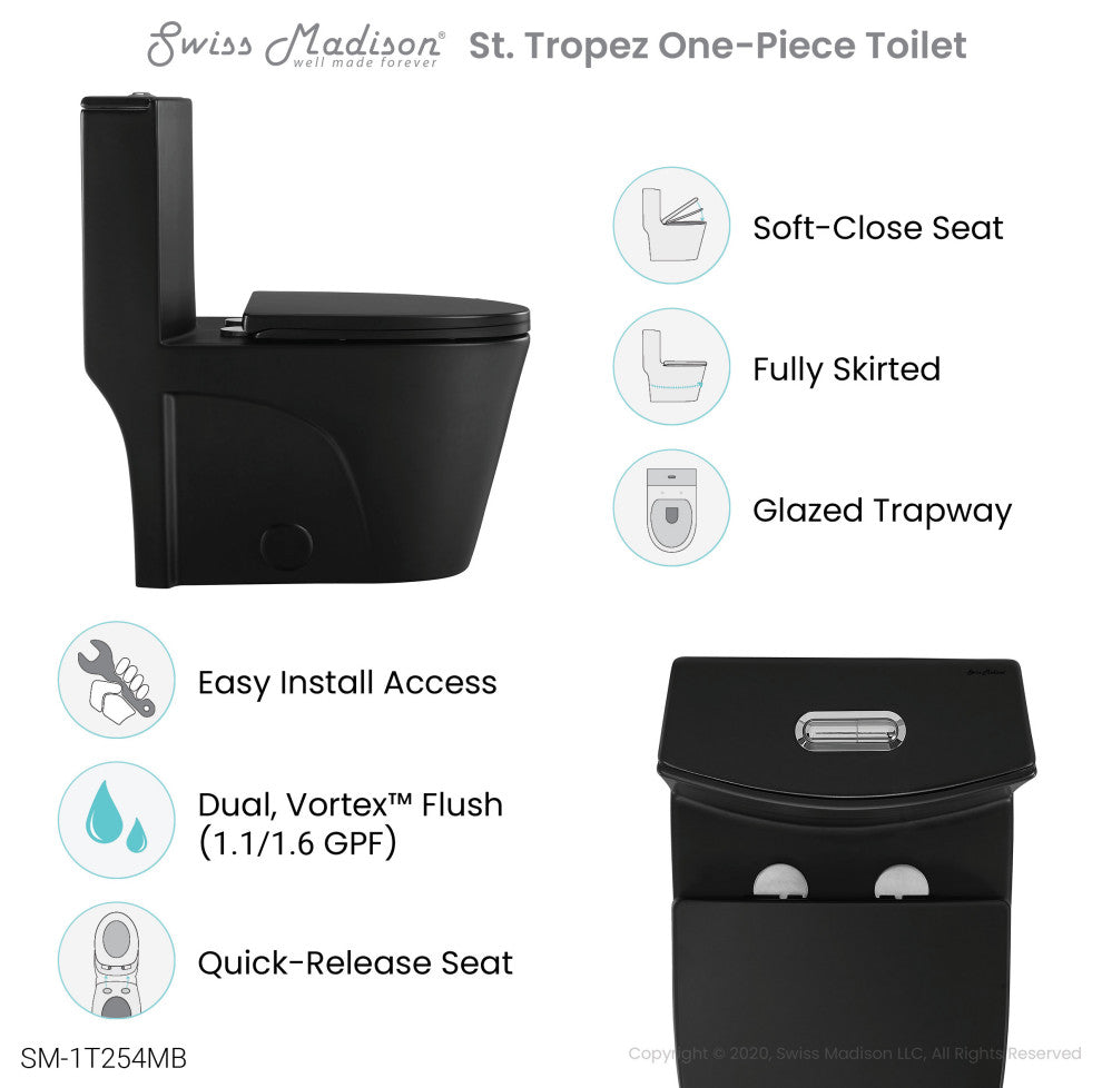 St. Tropez Elongated Toilet, Dual Vortex Flush, Matte Black