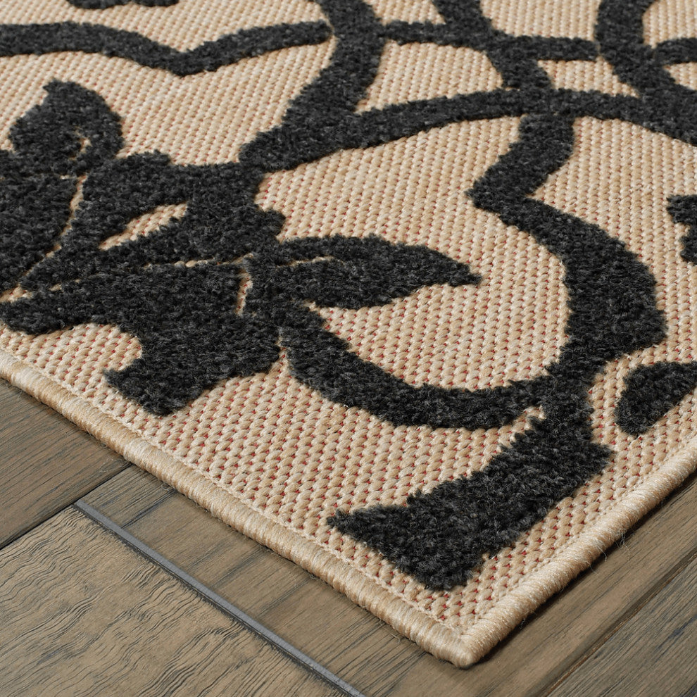 8' x 11' Beige and Black Oriental Stain Resistant Indoor Outdoor Area Rug