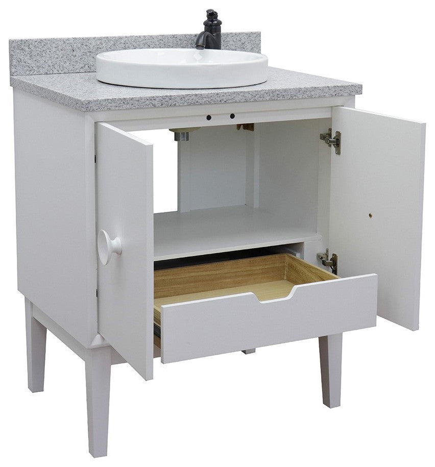 31" Single Vanity, White Finish With Gray Granite Top And Round Sink