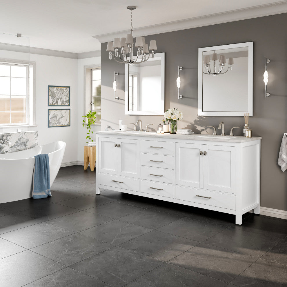 Aberdeen 84" White Double Sink, Quartz Top