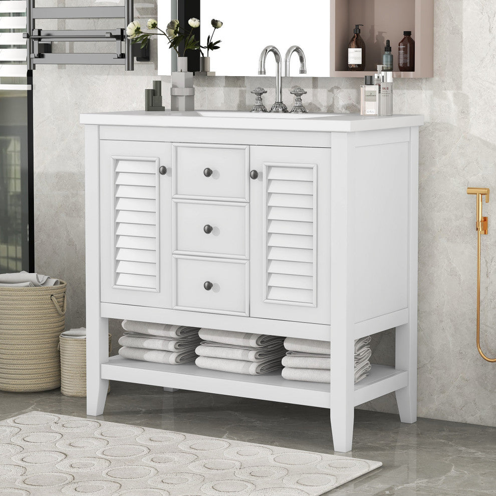 36" Freestanding Bath Vanity Set, Integrated Ceramic Sink, White