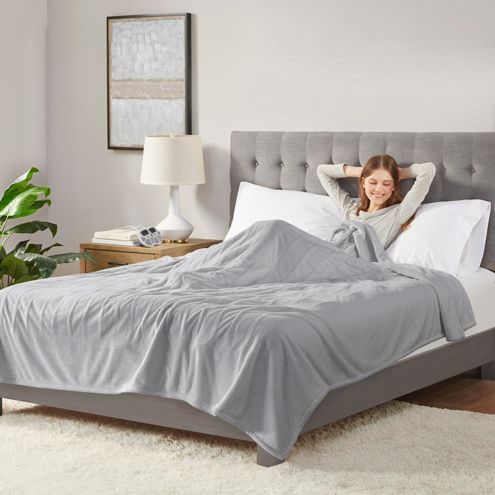 Serta Plush Heated Blanket, Light Grey