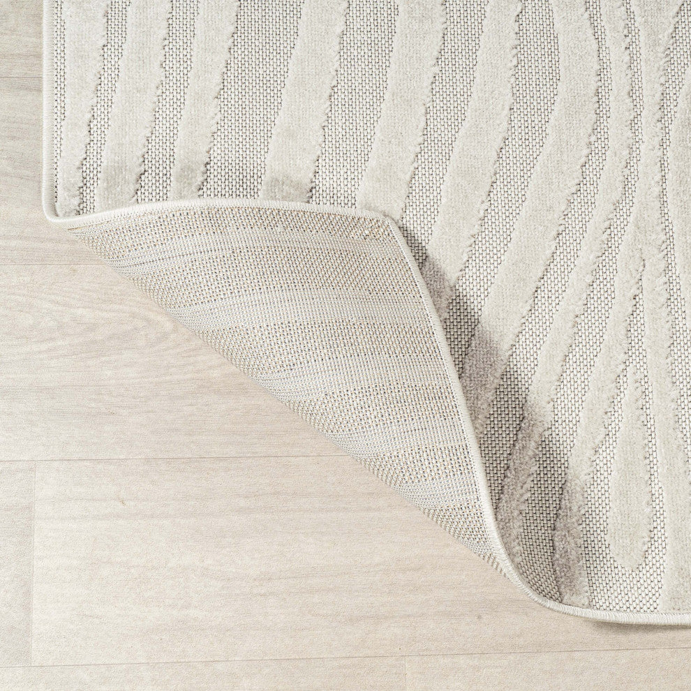 High-Low Groovy Striped Cream/Ivory 3 ft x 5 ft Indoor/Outdoor Area Rug