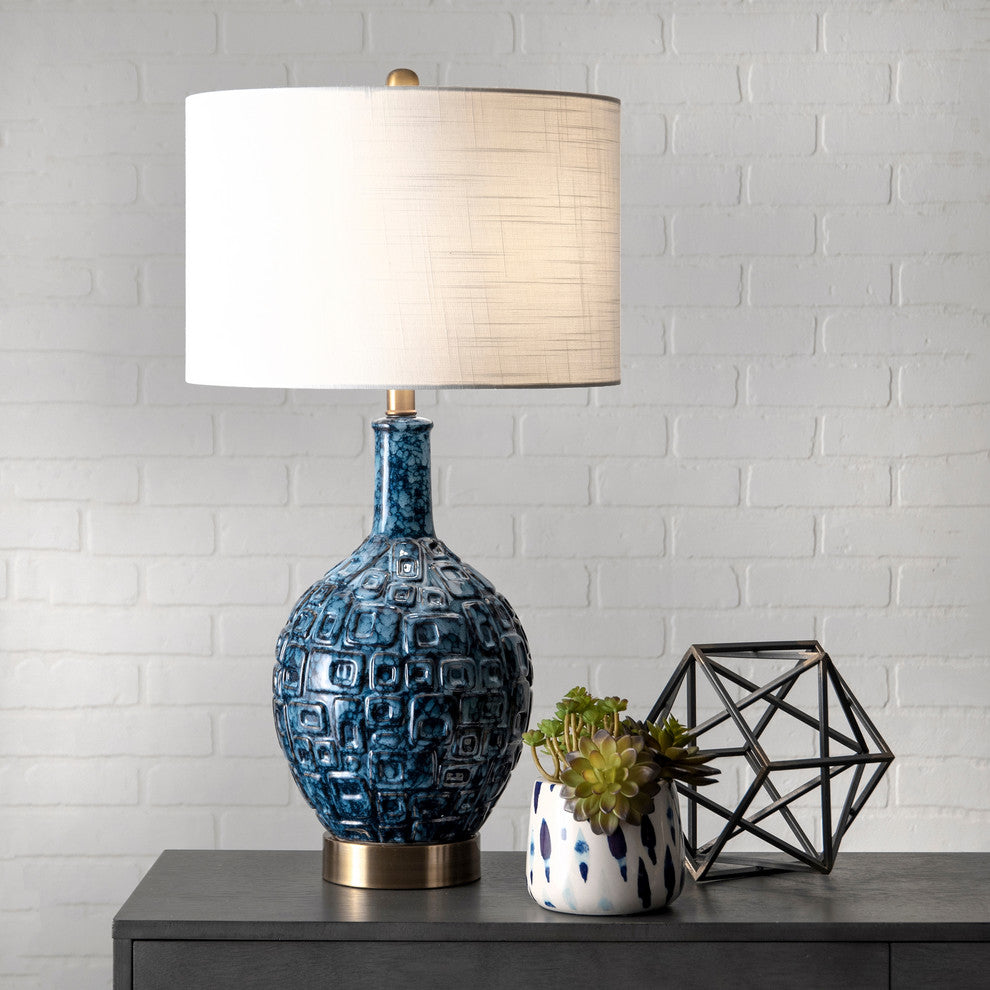 Nuloom 28" Tegular Ceramic Flask Linen Shade Blue, 3-Way Switch Table Lamp