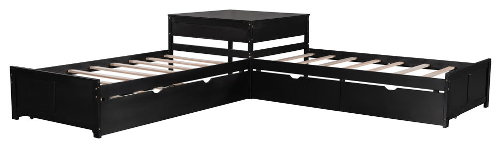 Twin Wood Frame Platform Bed with Trundle and Drawers Linked with built-in Desk,