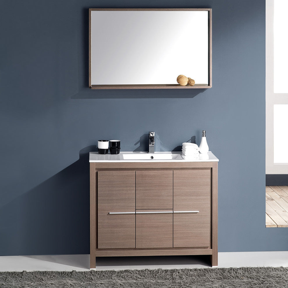 Fresca Allier 40" Modern Bathroom Vanity With Mirror, Gray Oak, Faucet-Fft1041bn