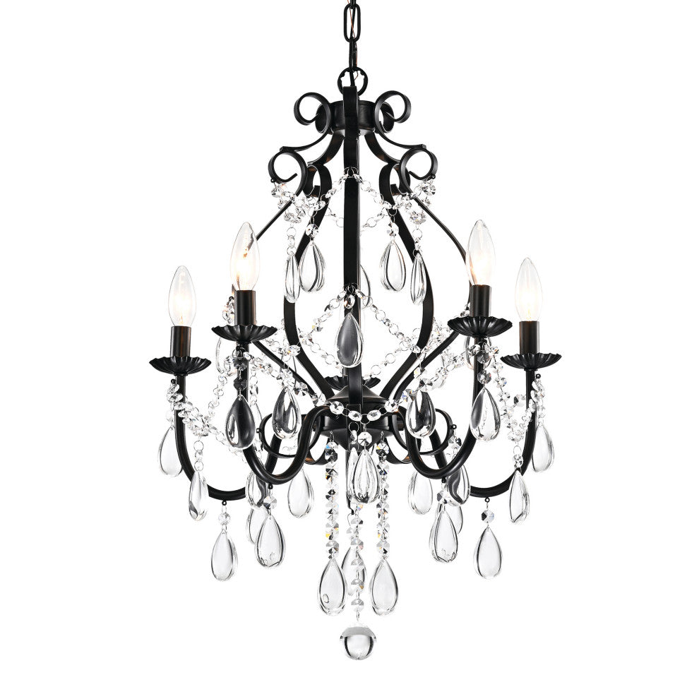 Amorette 5-Light Antique Black Candle Style Crystal Chandelier Fixture Glam