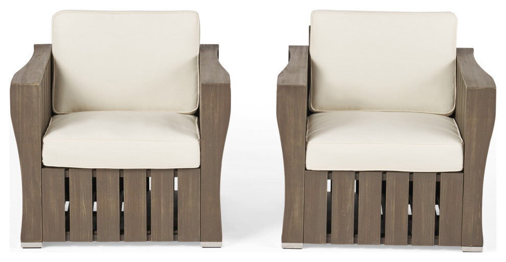 GDF Studio Edward Outdoor Acacia Wood Club Chairs With Cushions, Set of 2, Gray/Cream