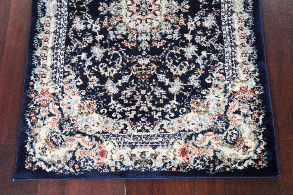Navy Blue Floral Medallion Transitional Turkish Rug Oriental Carpet 3x8