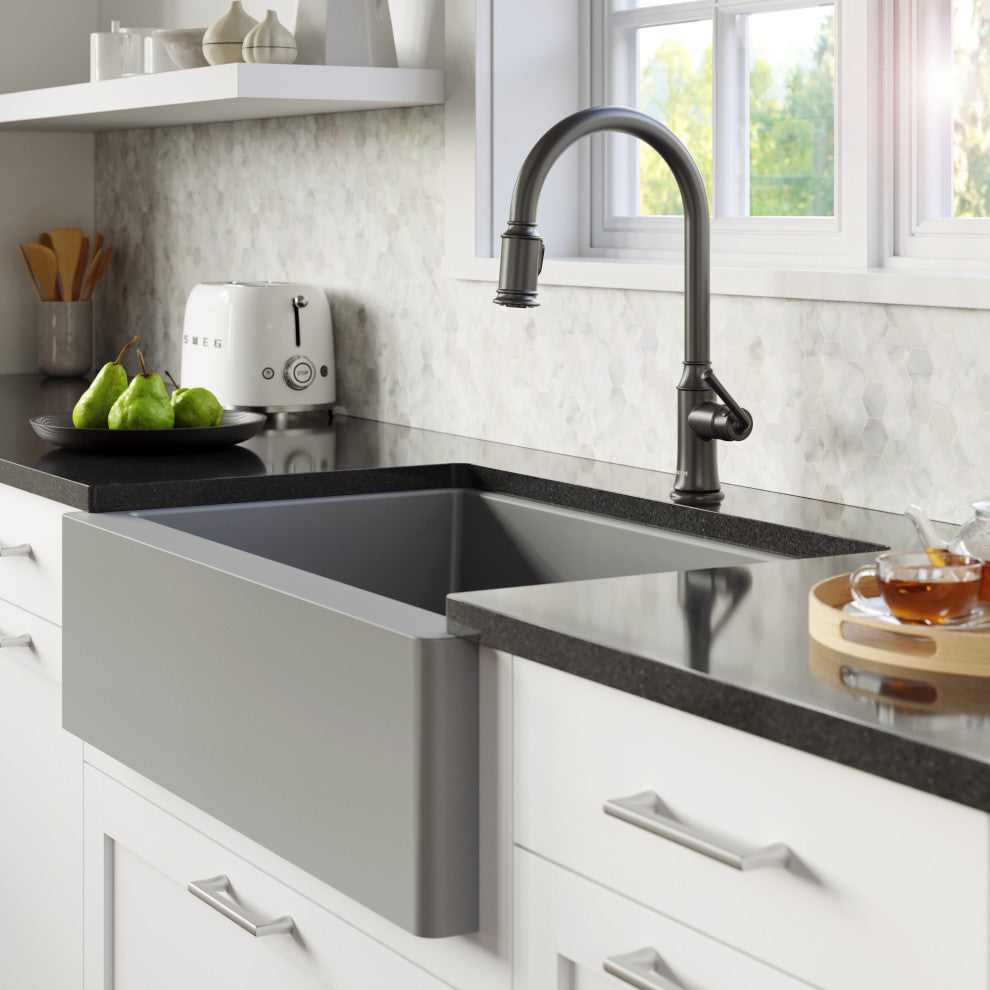 Karran Farmhouse/Apron-Front Quartz 34" Single Bowl Sink Kit, Grey