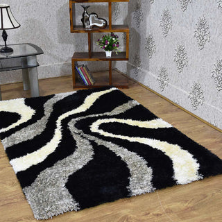 Hand Tufted Shag Polyester Area Rug Contemporary Black Beige, [Rectangle] 4'x6'