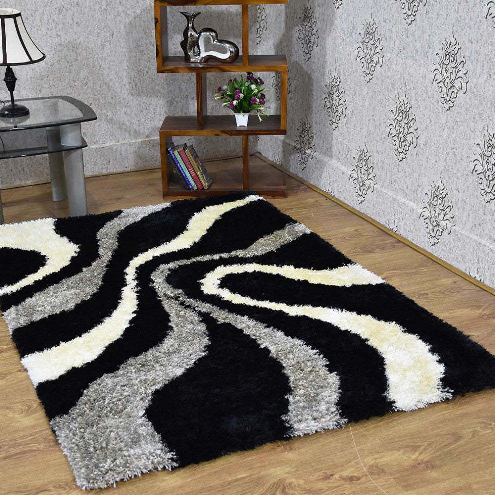 Hand Tufted Shag Polyester Area Rug Contemporary Black Beige, [Rectangle] 4'x6'