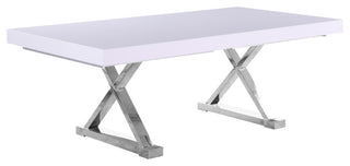 Excel Extendable 2 Leaf Dining Table, Durable Stainless Steel Base, White Lacque