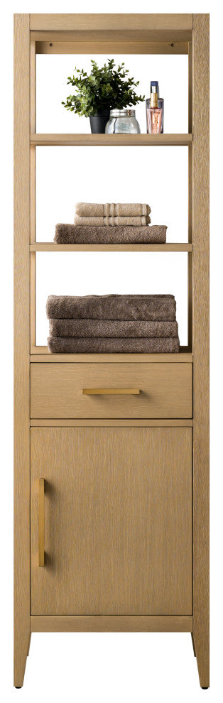 Vanity Art 21" Freestanding Linen Cabinet, Natural Oak, Golden Brushed Handle