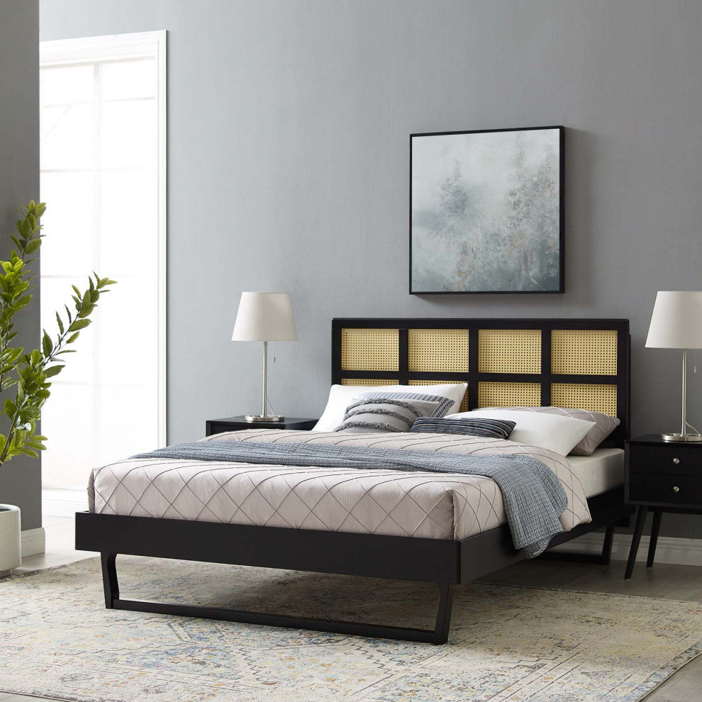 Platform Bed Frame, Queen Size, Wood, Black, Modern Mid-Century, Bedroom Master