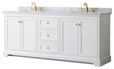 80" Double Bath Vanity, White, White Carrara Countertop, Sinks, Gold Trim