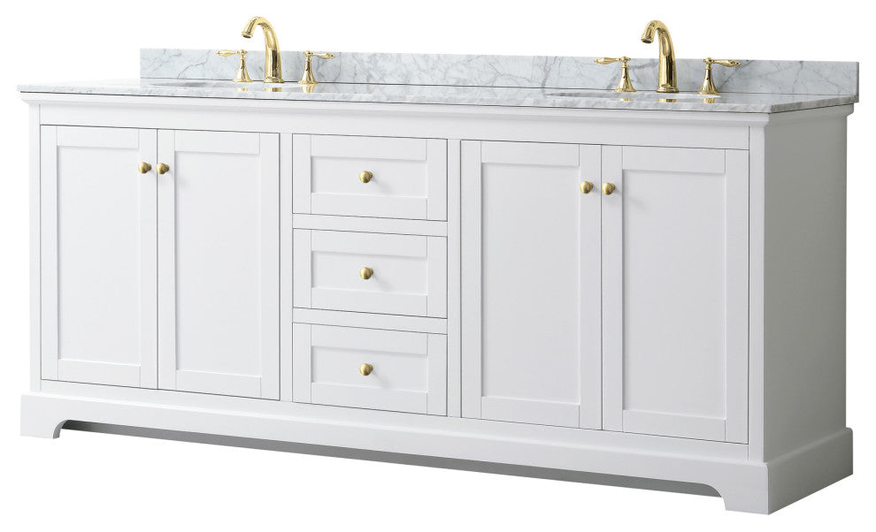 80" Double Bath Vanity, White, White Carrara Countertop, Sinks, Gold Trim