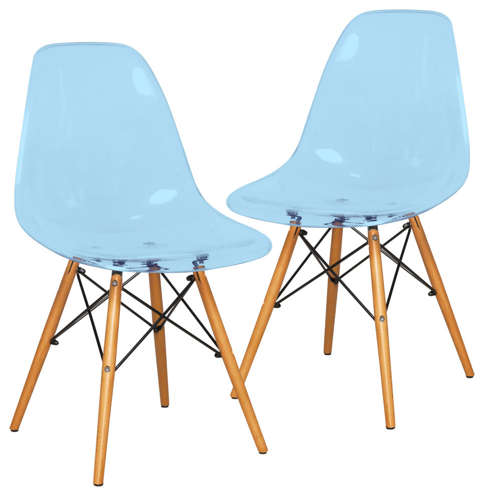 Dover Molded Dinin Side Chair, Wood Dowel Eiffel Base, Set of 2, Transparent Blue
