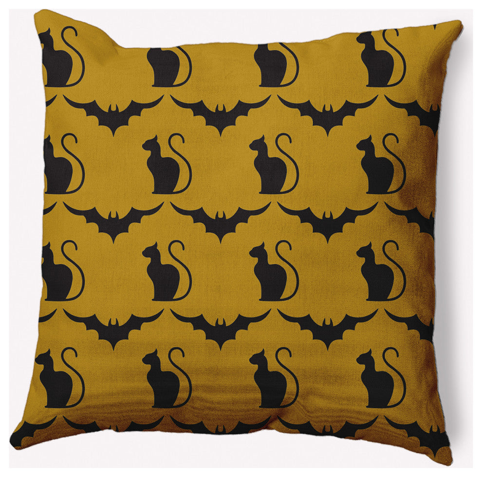 18" x 18" Cats and Bats Indoor/Outdoor Polyester Throw Pillow, Autumn Gold