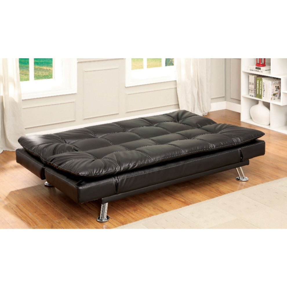 Benzara BM169239 Leatherette Contemporary Futon Sofa With Tufted Design, Black
