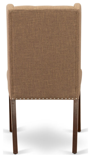 5Pc Dining Set, 1 Pedestal Table, 4 Light Sable Parson Chairs, Mahogany Finish