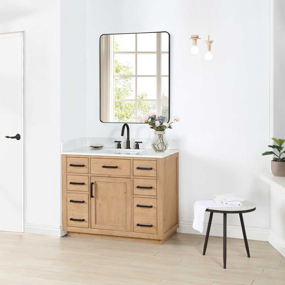 Gavino Vanity With Grain White Composite Stone Top, Light Brown/Matte Black, 42", With Mirror