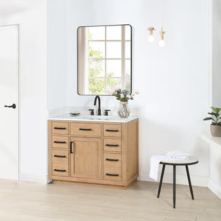 Gavino Vanity With Grain White Composite Stone Top, Light Brown/Matte Black, 42", With Mirror