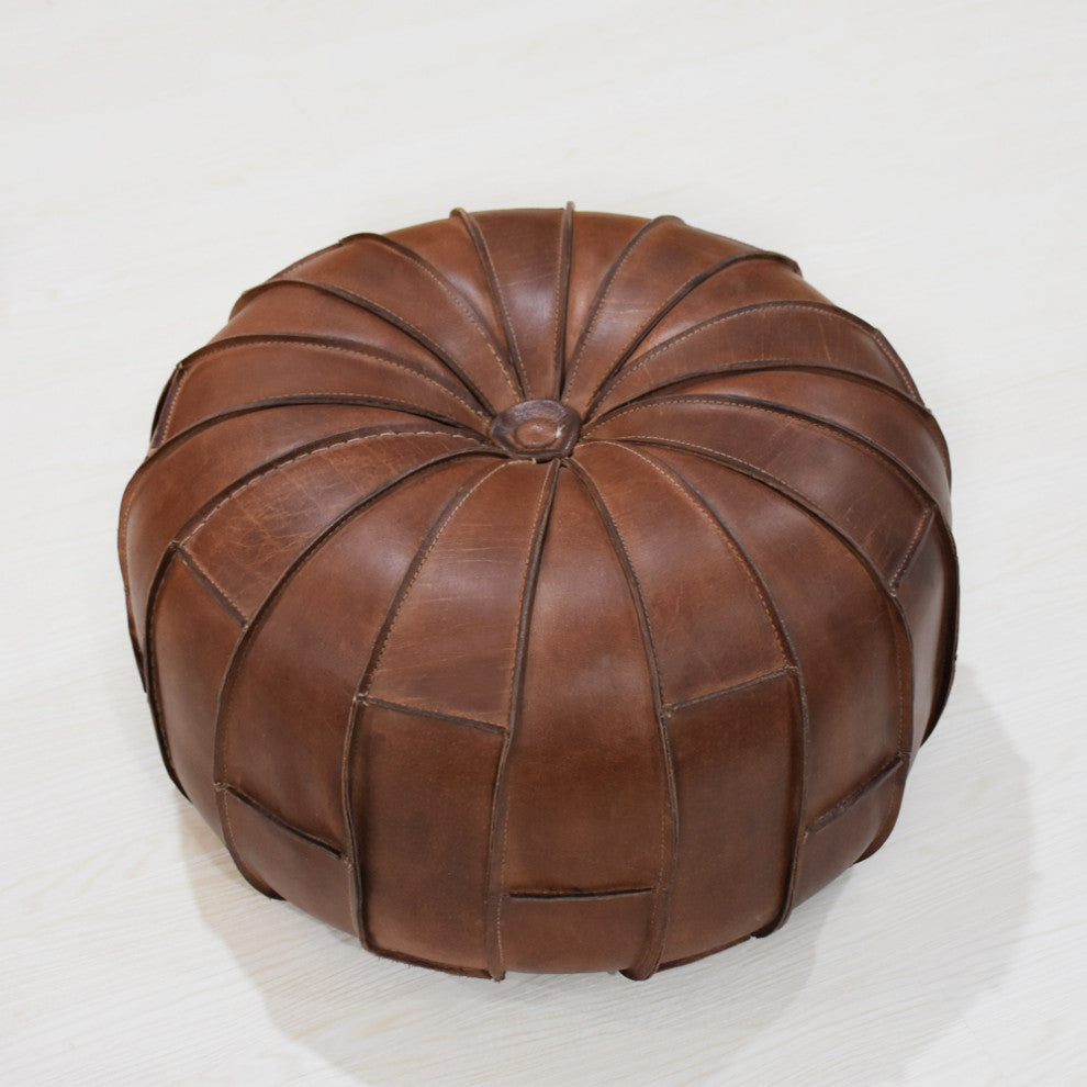 Solid Handmade Leather Pouf Brown, 21x21x12