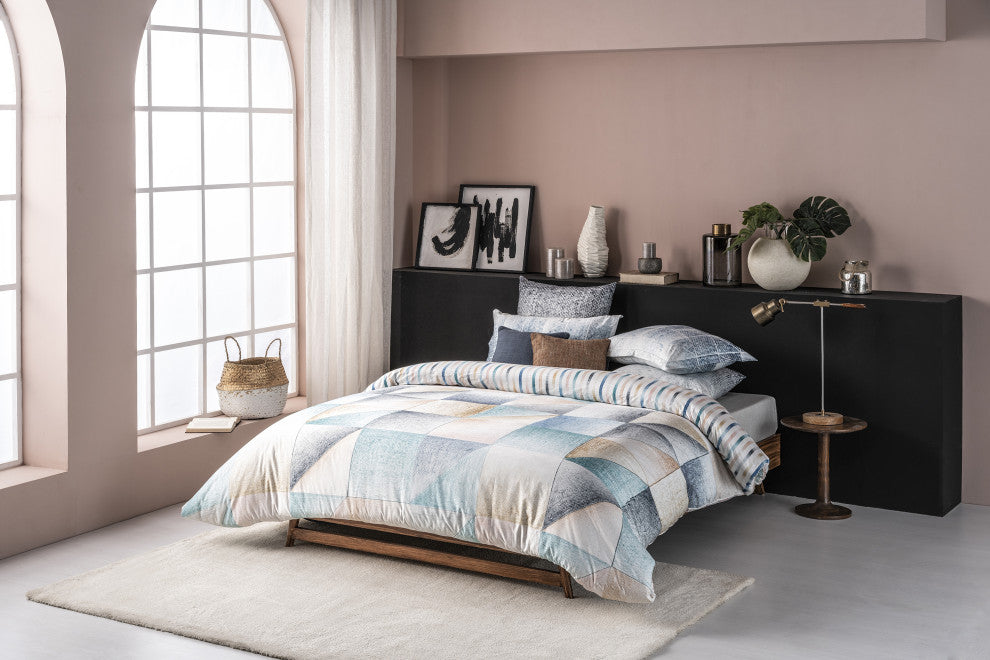 Delara GOTS Organic Cotton Geometric Reversible Print Duvet Cover Set, Queen(88"