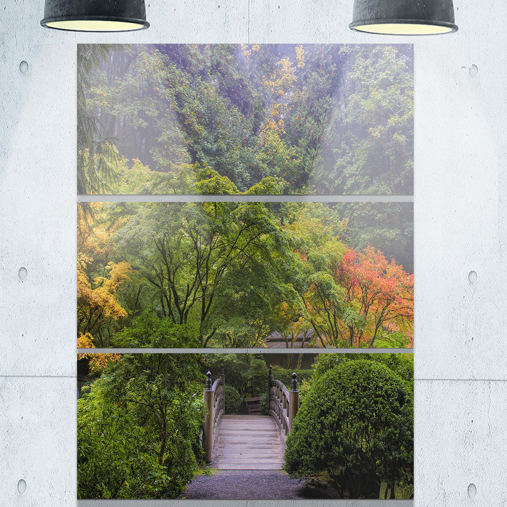 "Foggy Dawn in Japanese Garden" Photo Metal Wall Art, 3 Panels, 28"x36"