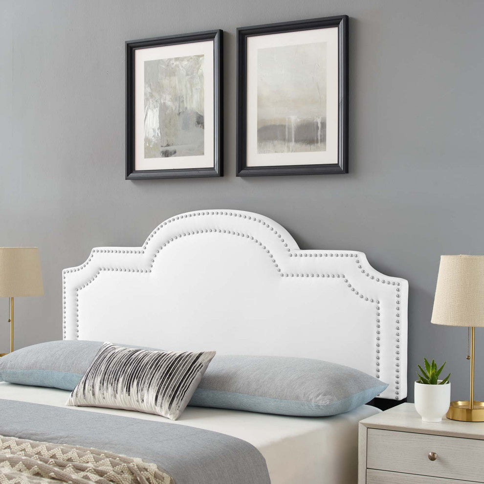 Headboard, Nailhead, King California Size, White, Velvet, Modern, Mid Century