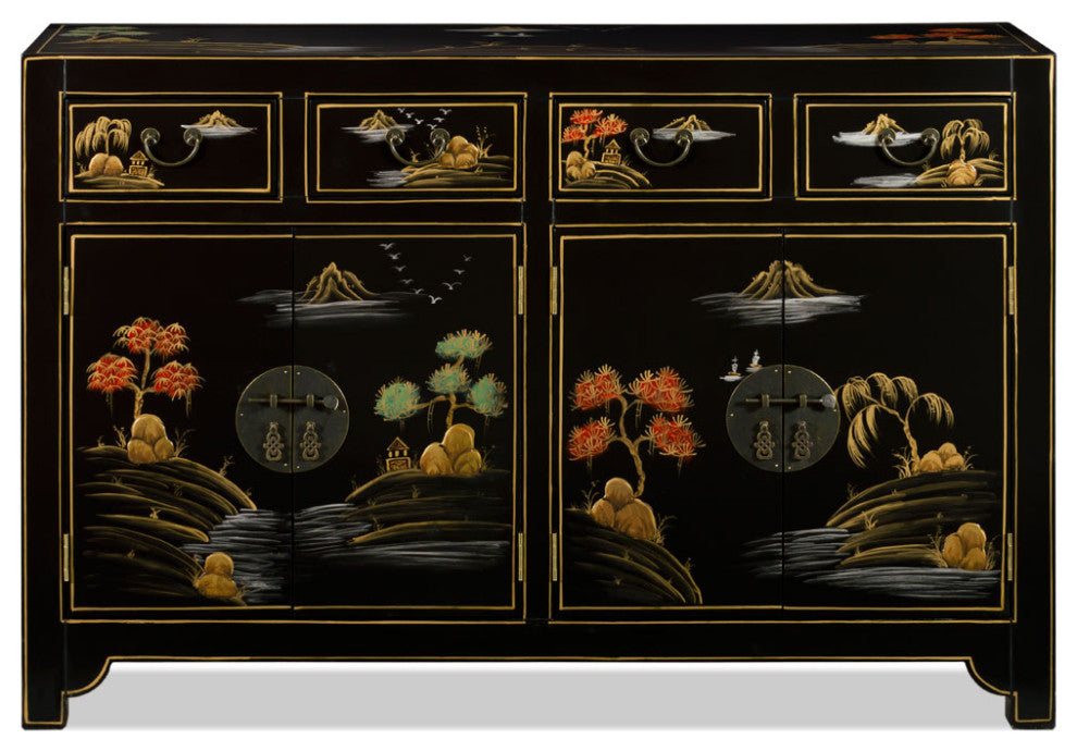 Black Lacquer Chinoiserie Scenery Motif Oriental Sideboard