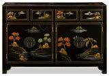 Black Lacquer Chinoiserie Scenery Motif Oriental Sideboard
