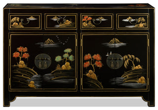 Black Lacquer Chinoiserie Scenery Motif Oriental Sideboard