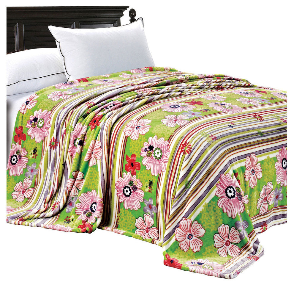 Blossom Flower Flannel Fleece Blankets, Green, Twin