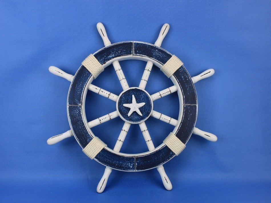 Decorative Steering Wheel on a Ship, Dark Blue, 18"