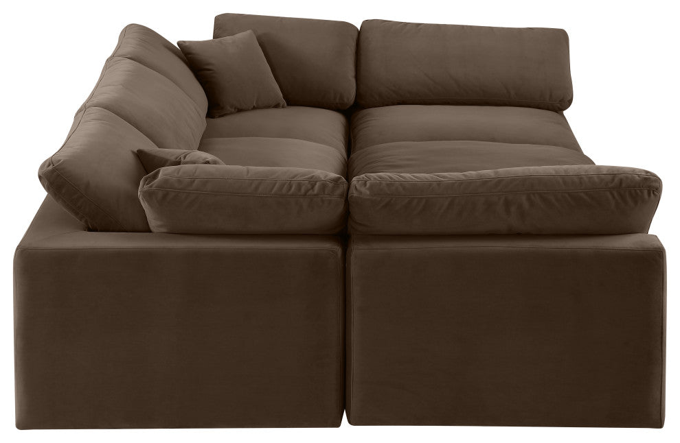 Comfy Upholstered U-Shaped Modular Sectional, Brown, 6-Piece: 3 Armless Chair, 2 Corner Chair, 1 Ottoman, Velvet