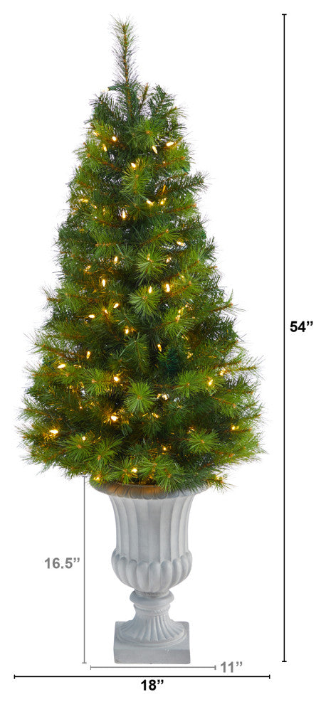 4.5' Green Valley Pine Faux Xmas Tree W/ White Lights & Bendable Branches, Urn