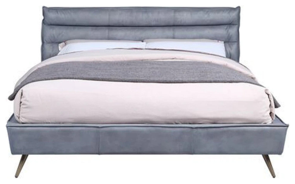 Benzara BM269602 Queen Bed With Leather Upholstery and Tapered Metal Legs, Gray