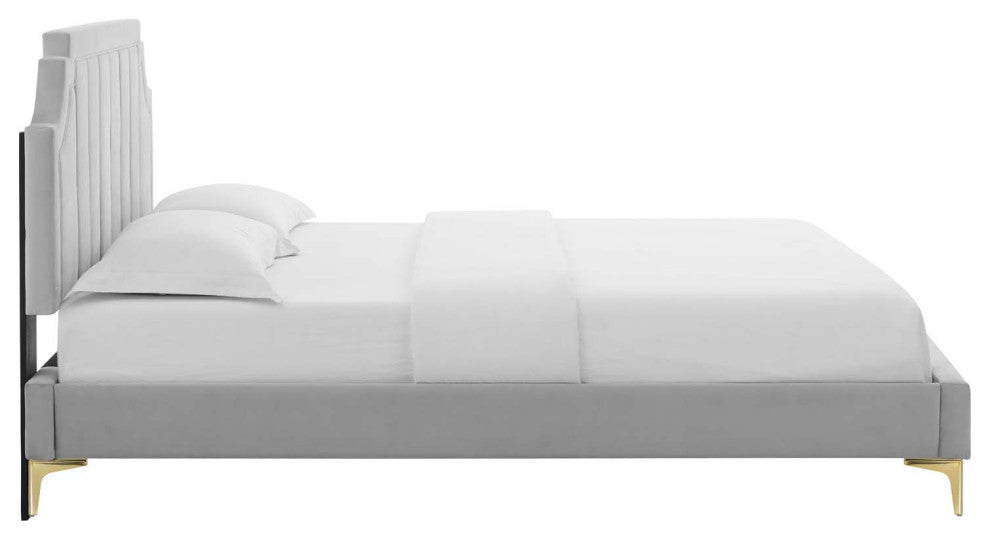 Sienna Performance Velvet Twin Platform Bed, Light Gray