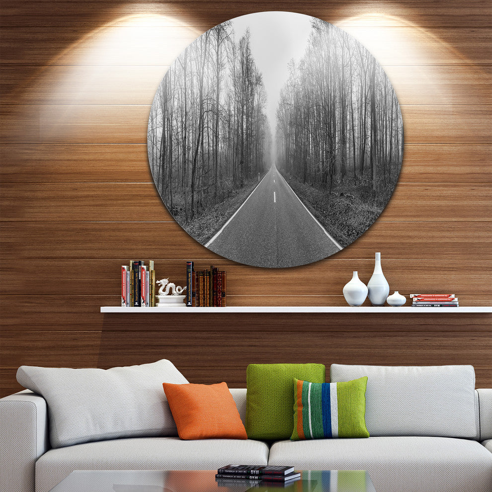 Black And White Freeway In Forest, Landscape Round Wall Art, 23"