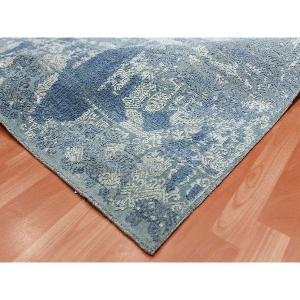Blue Wool and Pure Silk Hand Knotted Jewellery Design Oriental Rug, 7'10"x10'0"