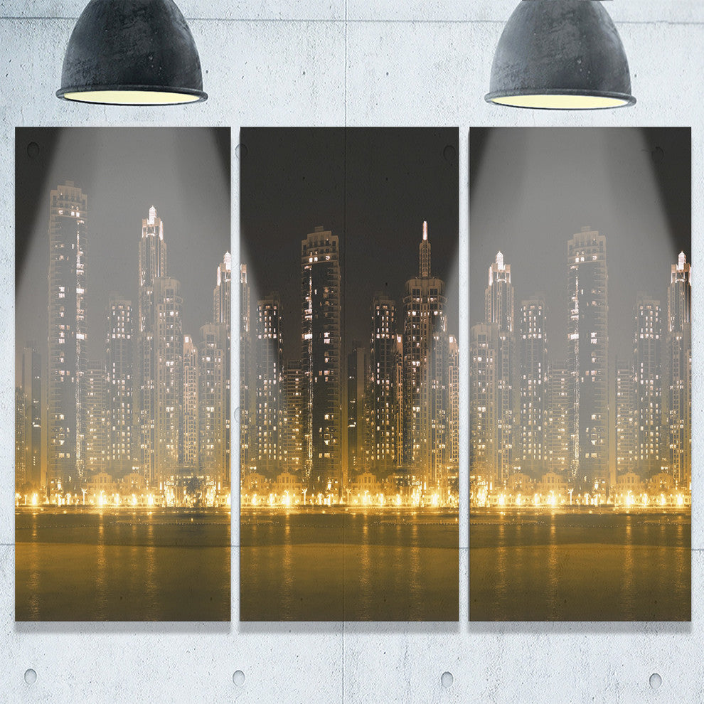 "Modern City With Illuminated Skyscrapers" Metal Wall Art, 3 Panels, 36"x28"