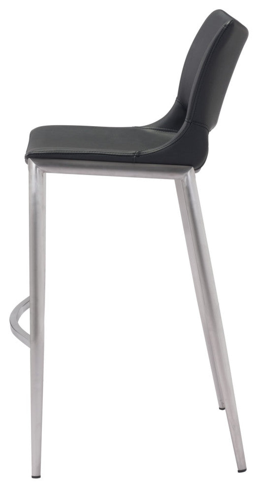 Bar Stool Chair Barstool, Set of 2, Faux Vinyl Leather, Steel, Black, Silver