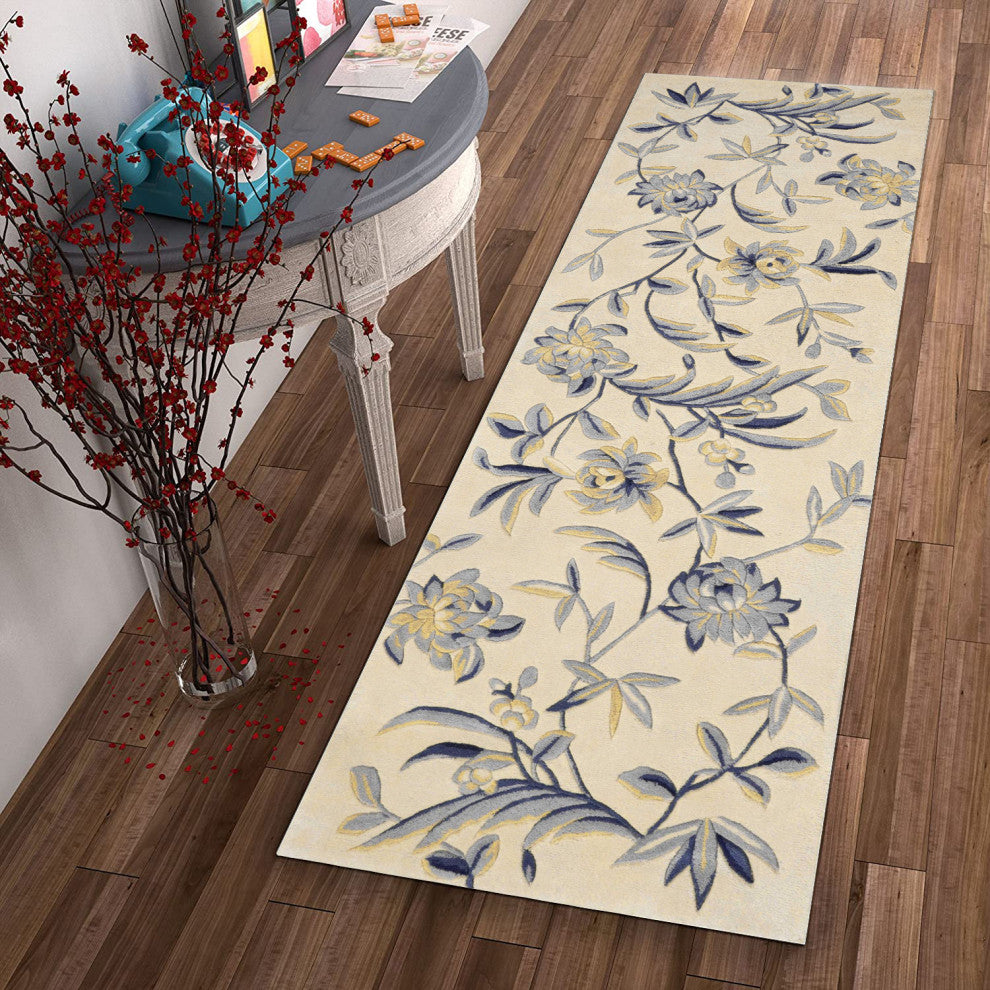 2' x 8' Runner Wool Ivory or Blue Area Rug