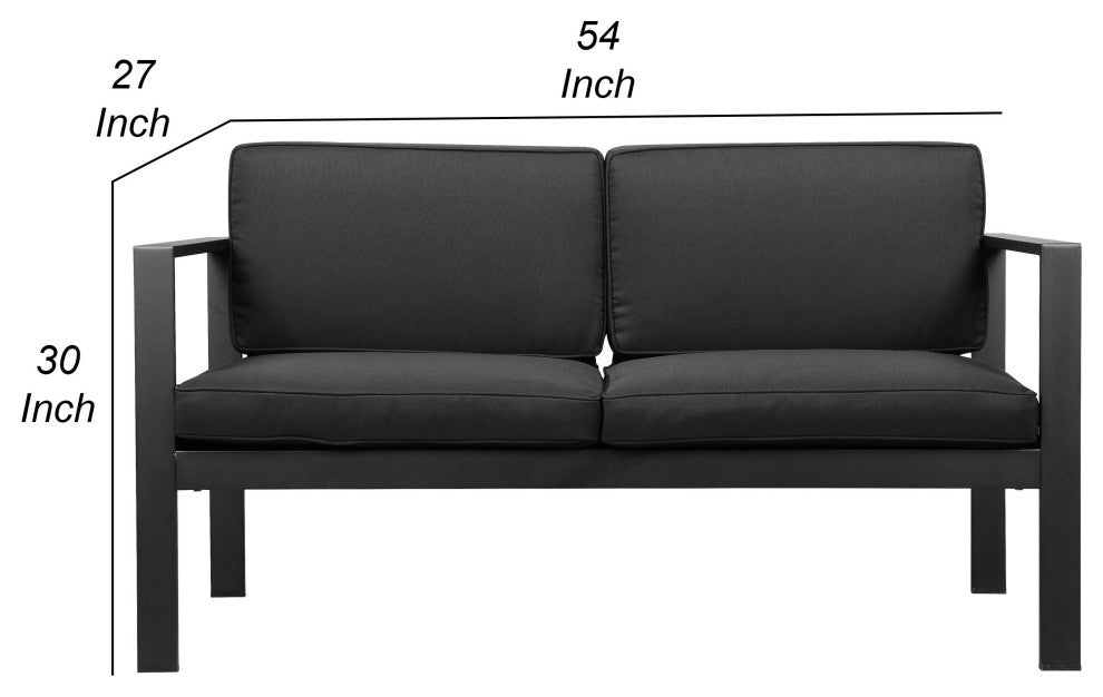 Benzara BM287811 Sofa, Jet Black Aluminum Frame, Water Resistant Cushions