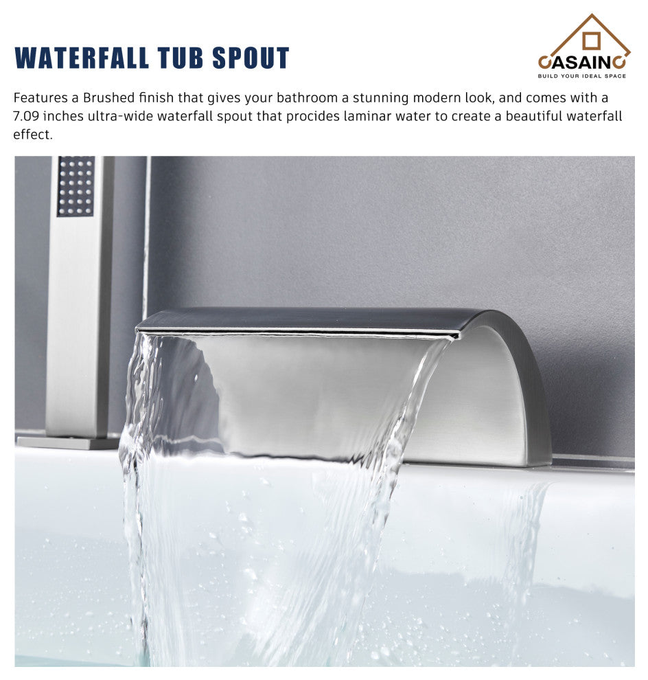 CASAINC Roman Tub Luxury Waterfall Faucet Set Spout w Hand Shower, Brushed Nickel