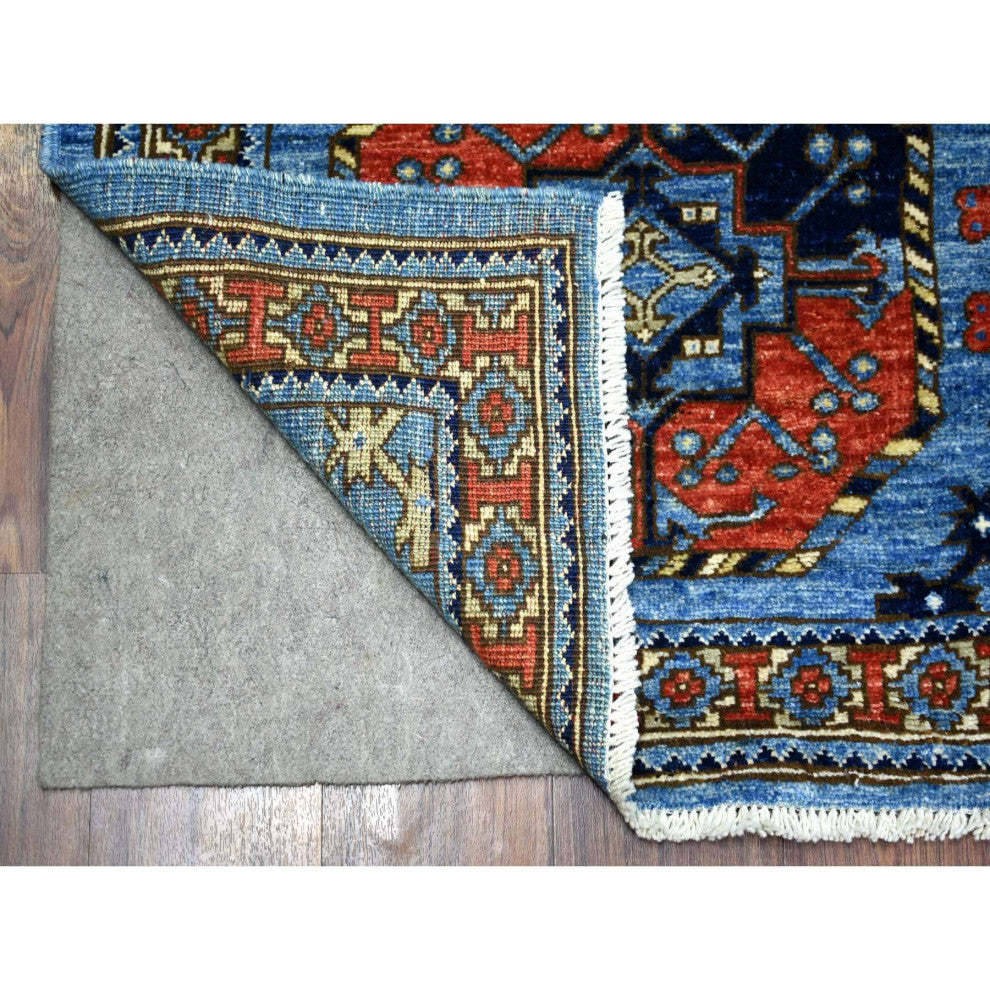 Blue Dense Weave Soft Wool Hand Knotted Afghan Ersari Wide Runner Rug, 4'6"x10'