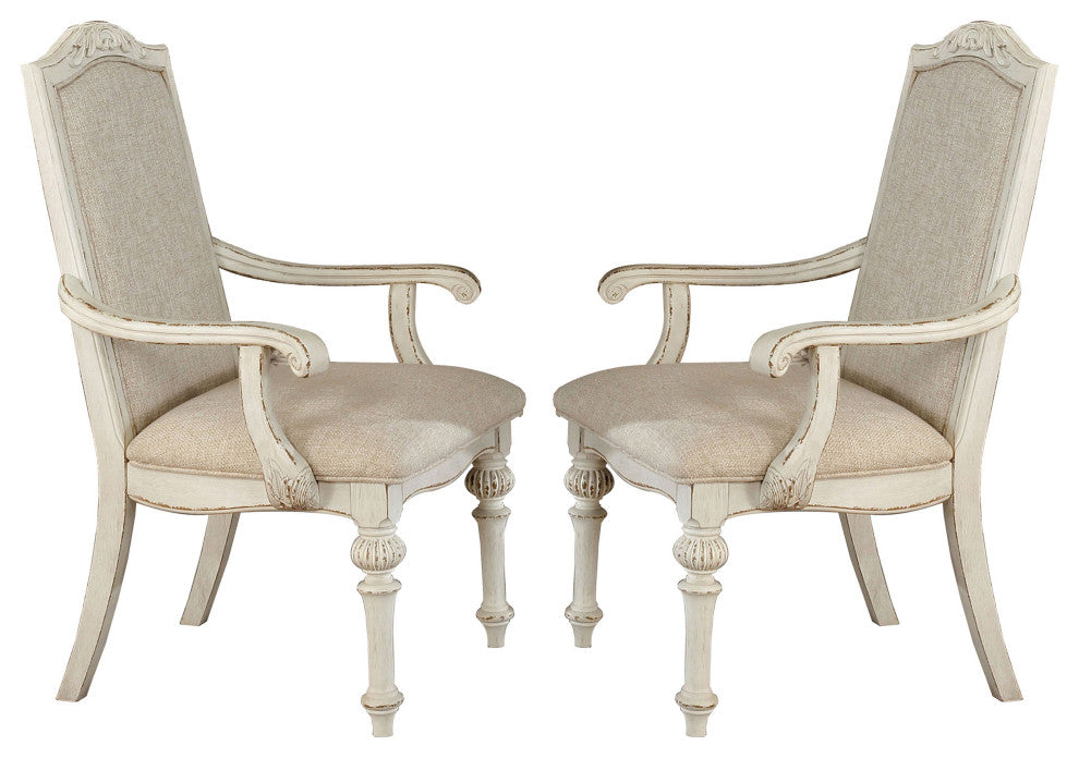Benzara BM235431 Rustic Wooden Arm Chair, Intricate Carvings, Set of 2, White