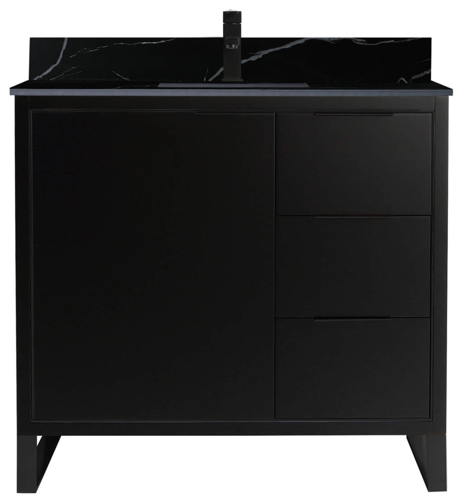 Opulence Bath Vanity, Black Matte, 36", Black Hardware, Black Marble Top